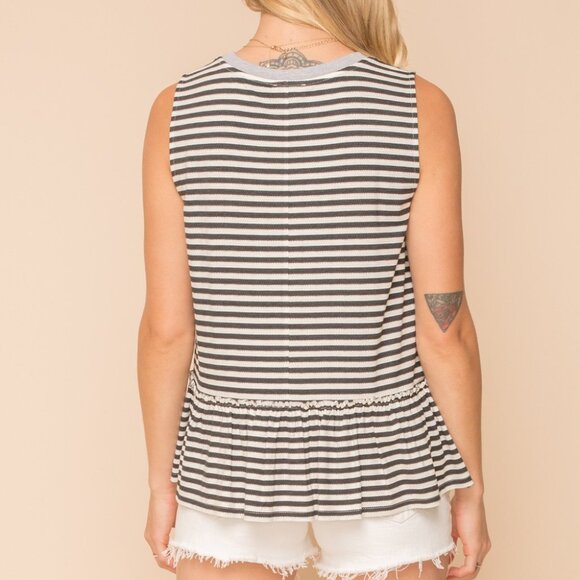 HEM & THREAD lack & White Striped Peplum Tank Top, Sleeveless Ruffle Hem Blouse - Picture 4 of 6